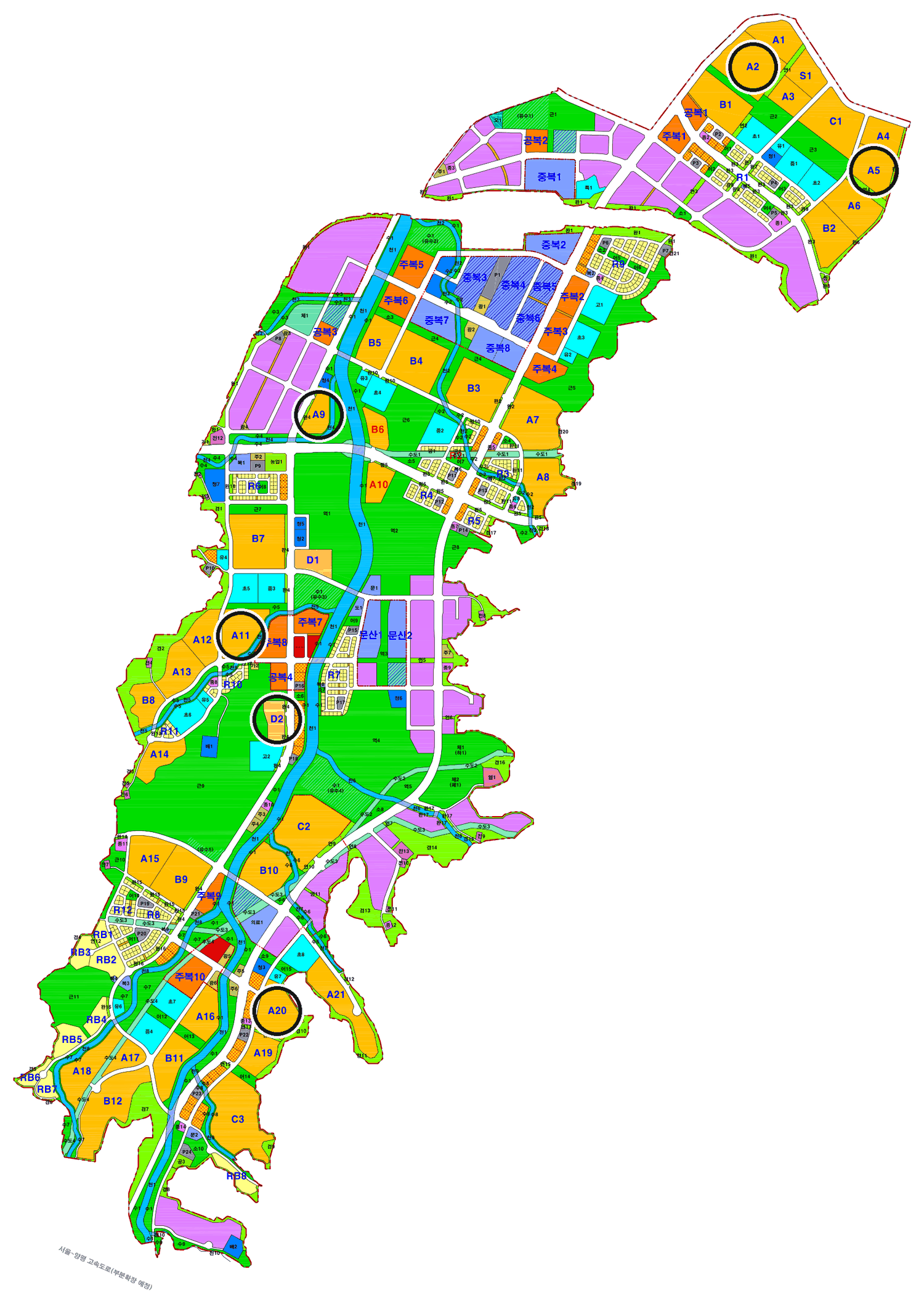 하남 교산 토지이용계획도. A2·A5·A9·A11·A20·D2 블록에 표시를 더했다